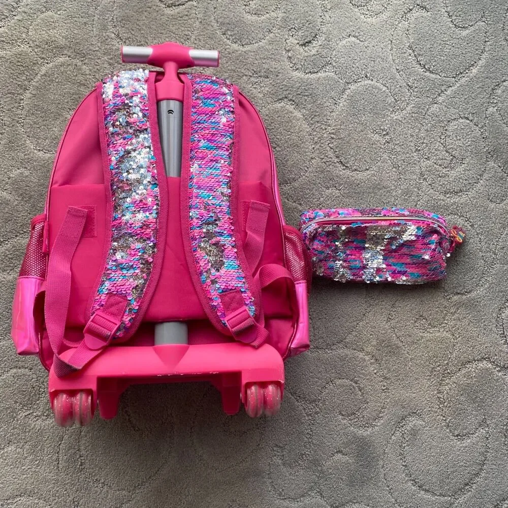 Jasminestar Rolling Backpack 17” girls unicorn flipable & lunchbox, Pencil Case